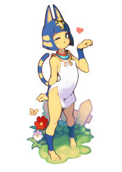 Rule 34 | 1girl, ;&lt;, animal crossing, animal ears, ankha (animal crossing), ataruman, barefoot, blue eyes, blue hair, bob cut, bug, butterfly, commentary, commentary request, dress, egyptian clothes, english commentary, flower, full body, furry, furry female, grass, highres, insect, looking at viewer, mixed-language commentary, nintendo, one eye closed, paw pose, short hair, simple background, sleeveless, sleeveless dress, solo, standing, striped, striped tail, tail, toes, white background, white dress