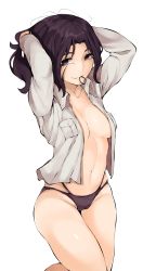 Rule 34 | 1girl, absurdres, adjusting hair, bad id, bad pixiv id, black eyes, black hair, black panties, breasts, commentary request, gongtak, hands in hair, highres, long hair, looking at viewer, medium breasts, midriff, mouth hold, navel, open clothes, open shirt, panties, pieck finger, shingeki no kyojin, simple background, smile, solo, thighs, underwear, white background