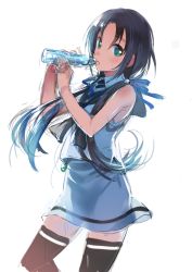 Rule 34 | 10s, 1girl, black thighhighs, blue hair, blush, bottle, drinking, green eyes, kantai collection, long hair, looking at viewer, low twintails, ramune, school uniform, serafuku, sketch, sleeveless, solo, suzukaze (kancolle), thighhighs, tongue, tongue out, tousaki umiko, twintails, white background