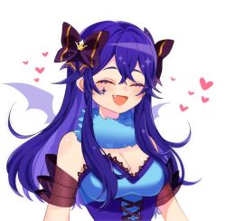Rule 34 | ^ ^, black bow, blue dress, blue hair, blush, bow, breasts, cleavage, closed eyes, commentary, corset, dress, english commentary, closed eyes, fang, fur scarf, hair behind ear, heart, long hair, medium breasts, open mouth, savi (byakushimc), second-party source, smile, solo, tsunderia, upper body, virtual youtuber, white background, yazaki kallin