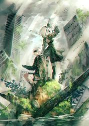 Rule 34 | 1boy, 1girl, blindfold, boots, building, gloves, grass, jacket, mura karuki, nier (series), nier:automata, ruins, sword, water, weapon, weapon on back, white hair