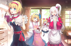Rule 34 | 4girls, :d, alice margatroid, alice margatroid (pc-98), apron, blonde hair, blue eyes, blush, breasts, cabinet, capelet, chair, chocolate, chocolate making, cleavage, culter, curtains, door, dress, dual persona, eyelashes, frying pan, hair bobbles, hair ornament, hairband, index finger raised, kitchen, long hair, long sleeves, mini person, minigirl, mixing bowl, multiple girls, one side up, open mouth, own hands together, pantyhose, pink apron, pointing, pointing up, ribbon, shanghai doll, shinki (touhou), short hair, short sleeves, side ponytail, silver hair, sliding doors, smile, spatula, sweatdrop, table, time paradox, touhou, touhou (pc-98), window
