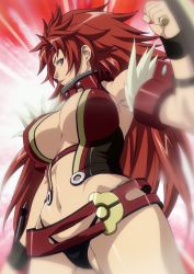 Rule 34 | 1girl, absurdres, black panties, breasts, earrings, female focus, gradient background, highres, jewelry, large breasts, long hair, panties, purple eyes, queen&#039;s blade, red hair, risty (queen&#039;s blade), shield, smile, solo, standing, stitched, third-party edit, underwear