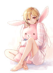 Rule 34 | 10s, 1boy, barefoot, blonde hair, blush, closed mouth, ensemble stars!, feet, full body, hair between eyes, looking at viewer, male focus, navel, nito nazuna, hugging object, red eyes, rimo, short hair, simple background, sitting, sleeves past wrists, smile, solo, stuffed animal, stuffed rabbit, stuffed toy, toes, trap, white background