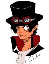 Rule 34 | 1boy, alternate costume, alternate eye color, alternate hair color, character name, collar, cropped torso, fangs, goggles, goggles on headwear, hat, highres, looking at viewer, male focus, mrjieshisu, one eye covered, one piece, portrait, red shirt, sabo (one piece), shirt, short hair, simple background, solo, toned, toned male, top hat, vampire, white background