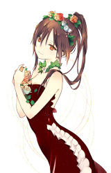 Rule 34 | 1girl, bare shoulders, brown eyes, brown hair, closed mouth, collarbone, dress, female focus, flower, frills, from side, hair flower, hair ornament, head wreath, holding, holding flower, jewelry, long hair, looking at viewer, lpip, necklace, orange eyes, original, ponytail, red dress, red flower, red rose, rose, sleeveless, sleeveless dress, smile, solo, straight hair, white background, white flower, white rose