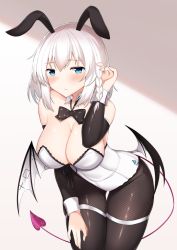 Rule 34 | 1girl, animal ears, arm warmers, bare shoulders, black pantyhose, blue eyes, blush, bow, bowtie, braid, breasts, cleavage, closed mouth, commentary request, cowboy shot, demon girl, demon tail, demon wings, detached collar, fake animal ears, highres, kurigura (sketch san), large breasts, leotard, looking at viewer, medium hair, original, pantyhose, playboy bunny, rabbit ears, skindentation, solo, standing, tail, thighhighs, white leotard, wings