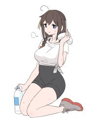 Rule 34 | 1girl, ahoge, alternate costume, black hair, blue eyes, bottle, braid, covered navel, full body, grey footwear, hair flaps, hair over shoulder, jewelry, kantai collection, long hair, puff of air, ring, shigure (kancolle), shigure kai san (kancolle), shirt, simple background, single braid, solo, t-shirt, tamu (mad works), tied shirt, unitard, wedding ring, white background, white shirt