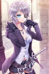 Rule 34 | 1girl, aqua eyes, arms up, belt, collarbone, dress shirt, endos, eyepatch, gloves, grey hair, iri flina, jewelry, lamppost, lowres, necklace, shirt, shorts, smile, solo, sweater, sword, sword girls, weapon
