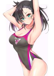 Rule 34 | 1girl, alternate breast size, armpits, arms up, asymmetrical bangs, asymmetrical hair, bare shoulders, black hair, black one-piece swimsuit, blush, breasts, cleavage, closed mouth, collarbone, competition swimsuit, covered navel, creatures (company), game freak, highres, long hair, looking at viewer, marnie (pokemon), nintendo, one-piece swimsuit, pokemon, pokemon swsh, sankakusui, simple background, solo, swimsuit, thighs, twintails, undercut, white background