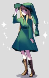 Rule 34 | bad id, bad pixiv id, blonde hair, blue eyes, boots, brown footwear, chiicoo, cross-laced footwear, dress, full body, girdle, green dress, grey background, hand on headwear, hat, high heels, lace-up boots, puyopuyo, simple background, solo, standing, turtleneck, turtleneck dress, witch hat