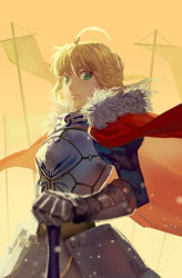 Rule 34 | 1girl, ahoge, armor, artoria pendragon (all), artoria pendragon (fate), braid, breastplate, cape, club3, fate/stay night, fate (series), faulds, fur trim, gauntlets, green eyes, hair between eyes, holding, holding sword, holding weapon, looking at viewer, saber (fate), short hair, solo, sword, weapon