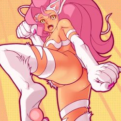 Rule 34 | 1girl, alternate color, alternate hair color, animal ears, animal hands, anti-earth bomb, ass, big hair, breasts, capcom, cat ears, cat tail, fangs, felicia (vampire), image sample, leg up, long hair, md5 mismatch, medium breasts, open mouth, pink hair, pixiv sample, pussy, slit pupils, solo, tail, thighhighs, uncensored, vampire (game), yellow eyes