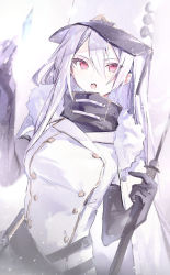 Rule 34 | 1girl, absurdres, arm up, azur lane, black gloves, breasts, coat, elbow gloves, fur-trimmed coat, fur hat, fur trim, gloves, hat, highres, irohatomo, long hair, looking at viewer, open mouth, papakha, red eyes, silver hair, simple background, snowflake background, snowflakes, solo, sovetskaya rossiya (azur lane), standing, teeth, upper teeth only, white coat, white hat, winter clothes, winter coat