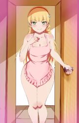 Rule 34 | 1girl, absurdres, apron, bare shoulders, blonde hair, blush, bow, box wonderland, breasts, cleavage, collarbone, door, hair bow, hair ornament, hairband, hand on own chest, heanna sumire, highres, hime cut, indoors, large breasts, long hair, looking at viewer, love live!, love live! superstar!!, naked apron, no bra, no panties, nude, revision, sideboob, signature, solo, standing, thighs, wide hips, yellow eyes