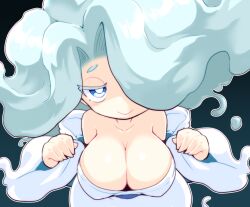 Rule 34 | 1girl, bare shoulders, blue eyes, breasts, bright pupils, cleavage, closed mouth, collarbone, colored eyelashes, enraenra (youkai watch), ghost, ghost tail, grey background, hair over one eye, half-closed eyes, large breasts, long hair, no nose, nollety, smile, solo, upper body, white hair, white pupils, wide sleeves, youkai watch