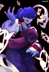 Rule 34 | 1girl, black background, blue hair, blue skin, colored skin, detached collar, detached sleeves, dress, highres, leviathan (skullgirls), musical note, open mouth, outline, red eyes, satoro301, skullgirls, solo, squigly (skullgirls), stitched mouth, stitches, striped sleeves, zombie