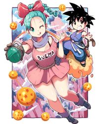 Rule 34 | 1boy, 1girl, ;q, alternate hairstyle, ankle boots, aqua eyes, aqua hair, black hair, boots, bow, bra strap, braid, breasts, brown gloves, bulma, cleavage, clenched hand, clothes writing, cloud, dougi, dragon ball, dragon ball (object), dragon radar, dress, forehead, fringe trim, full body, gloves, hair bow, highres, kenron toqueen, medium breasts, one eye closed, pink dress, scarf, single braid, son goku, spiked hair, staff, tail, tongue, tongue out, weapon, weapon on back