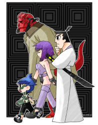 Rule 34 | 1girl, 2co, 3boys, ankle boots, atlus, bare shoulders, black hair, blue hair, boots, breasts, cartoon network, chibi, coat, colored skin, crossover, dated, demon boy, devil summoner, closed eyes, facial hair, fingerless gloves, ghost in the shell, gloves, goatee, hand on own chin, height difference, hellboy, hellboy (comic), demi-fiend, katana, kusanagi motoko, leotard, multiple boys, multiple crossover, purple hair, red skin, ribbon, samurai jack, samurai jack (character), sheath, sheathed, shin megami tensei, shin megami tensei iii: nocturne, shirt, short hair, short ponytail, shorts, sideburns, size difference, stroking own chin, sword, tail, tattoo, thighhighs, topknot, trench coat, weapon