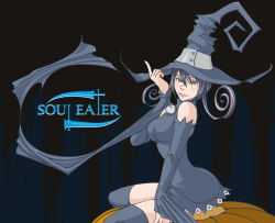 Rule 34 | 00s, 1girl, bad anatomy, blair (soul eater), hat, long sleeves, poorly drawn, purple hair, solo, soul eater, thighhighs, witch hat, yellow eyes