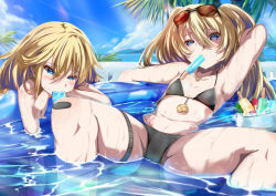Rule 34 | 2girls, arm behind head, armpits, azur lane, bache (azur lane), bare shoulders, bikini, black bikini, blonde hair, blue eyes, blue sky, blush, bowl, breasts, cloud, collarbone, commentary request, day, eyewear on head, food, food in mouth, groin, hair between eyes, heart, heart-shaped pupils, highres, horizon, long hair, looking at viewer, midriff, multiple girls, navel, ocean, outdoors, palm leaf, partially submerged, popsicle, pubic tattoo, purple eyes, shimofuji jun, sidelocks, sitting, sky, small breasts, smalley (azur lane), summer, sunglasses, sunlight, sweat, swimsuit, symbol-shaped pupils, tattoo, thigh strap, two side up, wading pool, water