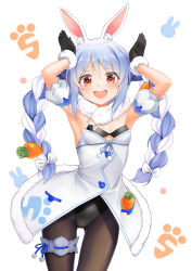 Rule 34 | 1girl, :d, absurdres, animal ear fluff, animal ears, armpits, arms up, bare shoulders, black gloves, black leotard, blue hair, blush, bow, braid, breasts, brown hair, brown pantyhose, carrot hair ornament, commentary request, detached sleeves, don-chan (usada pekora), dress, food-themed hair ornament, fur-trimmed dress, fur-trimmed gloves, fur trim, gloves, gluteal fold, hair between eyes, hair bow, hair ornament, hakuya kung, highres, hololive, leotard, long hair, multicolored hair, open mouth, pantyhose, parted bangs, puffy short sleeves, puffy sleeves, rabbit ears, rabbit pose, round teeth, short eyebrows, short sleeves, small breasts, smile, solo, strapless, strapless dress, strapless leotard, teeth, thick eyebrows, twin braids, twintails, two-tone hair, upper teeth only, usada pekora, usada pekora (1st costume), very long hair, virtual youtuber, white background, white bow, white dress, white hair, white sleeves