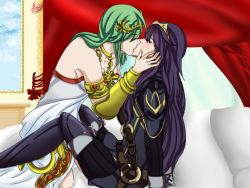 Rule 34 | 2girls, armlet, armor, artist request, bad id, bare shoulders, bed, belt, blue hair, blush, boots, bracer, breasts, circlet, crossover, crown, closed eyes, fire emblem, fire emblem awakening, gold, green hair, hair over eyes, jewelry, kid icarus, kiss, long hair, lots of jewelry, lucina (fire emblem), multiple girls, necklace, nintendo, palutena, super smash bros., tiara, very long hair, yuri