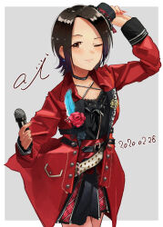 Rule 34 | 1girl, absurdres, belt, black choker, black hair, black shirt, black skirt, blue feathers, breasts, brown eyes, character name, choker, cleavage, closed mouth, collarbone, corsage, dated, earrings, feathers, flower, grey background, hand up, hat, highres, holding, holding microphone, idolmaster, idolmaster cinderella girls, idolmaster cinderella girls starlight stage, jacket, jewelry, long sleeves, medium breasts, microphone, mini hat, nito (ninjin), one eye closed, open clothes, open jacket, pleated skirt, red flower, red jacket, red rose, rose, shirt, short hair, skirt, smile, solo, togo ai, white belt