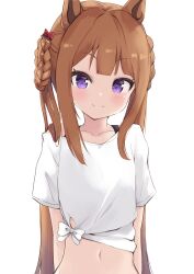 Rule 34 | 1girl, absurdres, amano kouki, animal ears, blush, bow, braid, brown hair, closed mouth, collarbone, commentary, hair bow, hair rings, highres, horse ears, long hair, looking at viewer, navel, purple eyes, red bow, shirt, short sleeves, simple background, smile, solo, sweep tosho (umamusume), tied shirt, twin braids, twintails, umamusume, upper body, very long hair, white background, white shirt