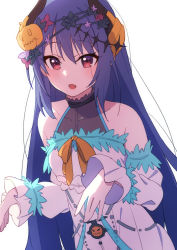 Rule 34 | 1girl, afnroll, blue hair, blush, breasts, demon girl, demon horns, halloween, halloween costume, highres, horns, long hair, open mouth, princess connect!, red eyes, rei (princess connect!), skirt, small breasts