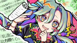 Rule 34 | 1girl, alternate eye color, alternate hair color, arm ribbon, black shirt, blue eyes, blue hair, bow, breasts, collared shirt, commentary request, fingernails, flying sweatdrops, green background, green hair, hair between eyes, hand on own face, hands up, highres, himemushi momoyo, kyouda suzuka, long fingernails, long hair, medium breasts, multicolored background, multicolored hair, nail polish, orange bow, orange hair, orange ribbon, paper, pink background, pink nails, purple hair, ribbon, shirt, short sleeves, solo, striped, striped bow, sweat, sweatdrop, symbol in eye, t-shirt, touhou, translation request