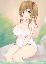 Rule 34 | 1girl, bare shoulders, blush, breasts, brown hair, cleavage, collarbone, covered erect nipples, dated, fang, green eyes, hair bobbles, hair ornament, highres, inuyama aoi, kuavera, large breasts, long hair, looking at viewer, naked towel, onsen, open mouth, side ponytail, sitting, skin fang, smile, solo, steam, thick eyebrows, towel, wet, white towel, yurucamp