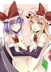 Rule 34 | 2girls, atoshi, bad id, bad pixiv id, bare shoulders, blonde hair, bow, bowtie, bridal gauntlets, covering privates, covering breasts, female focus, flandre scarlet, flat chest, hands on another&#039;s chest, hat, highres, light purple hair, looking at viewer, multiple girls, navel, no pupils, nude, nude cover, red eyes, remilia scarlet, short hair, siblings, side ponytail, simple background, sisters, touhou, upper body, wings