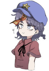 Rule 34 | 1girl, :t, black hair, black ribbon, blue headwear, blush, chinese clothes, closed mouth, commentary request, cropped torso, hat ornament, highres, jiangshi, looking afar, medium hair, miyako yoshika, neck ribbon, ofuda, purple eyes, red shirt, ribbon, shika miso, shirt, short sleeves, simple background, solo, star (symbol), star hat ornament, tangzhuang, touhou, upper body, white background