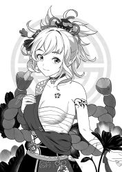 Rule 34 | 1girl, animal print, arm tattoo, artist name, bandaged arm, bandaged hand, bandages, breasts, chest tattoo, choker, cleavage, closed mouth, collarbone, commentary, english commentary, fish hair ornament, fish print, flower tattoo, genshin impact, greyscale, hadanugi dousa, hair between eyes, hair ornament, highres, ink, japanese clothes, kimono, kinchaku, light smile, looking at viewer, luffie, medium breasts, monochrome, obi, open clothes, open kimono, ponytail, pouch, print kimono, rope, sarashi, sash, shimenawa, shoulder tattoo, signature, simple background, solo, tattoo, upper body, white background, yoimiya (genshin impact)