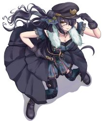 Rule 34 | 1girl, black footwear, black gloves, black hair, black skirt, breasts, cleavage, eyepatch, from above, gloves, hair ornament, hana yamakiri, hand on headwear, hand on own hip, hat, idolmaster, idolmaster shiny colors, jewelry, large breasts, long hair, necklace, one eye covered, peaked cap, shirase sakuya, skirt, smile, white background, yellow eyes