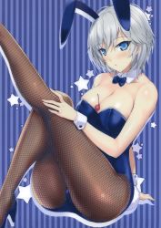 Rule 34 | 10s, 1girl, absurdres, anastasia (idolmaster), animal ears, arm at side, arm support, bare arms, bare shoulders, between breasts, black leotard, blue bow, blue bowtie, blue eyes, blue leotard, blush, bow, bowtie, breasts, brown pantyhose, cherry, cleavage, collarbone, detached collar, fake animal ears, fingernails, fishnet pantyhose, fishnets, food, food between breasts, fruit, grey hair, hair between eyes, high heels, highres, idolmaster, idolmaster cinderella girls, knee up, large breasts, leg up, leotard, long fingernails, looking at viewer, onigirikun, open mouth, pantyhose, playboy bunny, rabbit ears, rabbit girl, rabbit tail, scan, short hair, solo, strapless, strapless leotard, tail, wrist cuffs