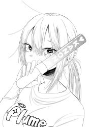 Rule 34 | 1girl, breasts, covered mouth, greyscale, hair between eyes, hand up, highres, holding glowstick, kawai rou, looking at viewer, medium breasts, messy hair, monochrome, oshi ga imouto ni narimashite, ponytail, shirt, simple background, solo, tears, white background