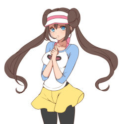 Rule 34 | 1girl, black pantyhose, blue eyes, blue shirt, blue sleeves, bow, breasts, brown hair, closed mouth, collarbone, cowboy shot, creatures (company), double bun, game freak, hair bun, hands up, hat, long hair, looking at viewer, medium breasts, mokorei, nintendo, own hands together, pantyhose, pantyhose under shorts, pink bow, pink hat, poke ball print, pokemon, pokemon adventures, print shirt, raglan sleeves, rosa (pokemon), sad, shirt, shorts, simple background, sleeves past elbows, solo, twintails, visor cap, white background, white shirt, yellow shorts