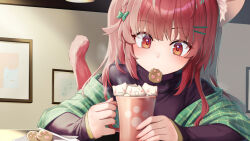 1girl animal_ear_fluff animal_ears black_shirt cat_ears cat_tail cookie cup eyelashes food food_in_mouth hair_ornament hairclip holding holding_cup long_sleeves looking_at_viewer marshmallow mitake_eil mug original picture_frame red_eyes red_hair shirt signature tail