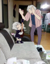Rule 34 | 1boy, 1girl, bang dream!, bang dream! it&#039;s mygo!!!!!, black socks, blue shirt, brown jacket, closed eyes, coldcat., commentary, highres, indoors, jacket, jpeg artifacts, kaname raana, meme, meme request, mini person, motion blur, open clothes, open jacket, photo background, playing guitar, shirt, short hair, socks, standing, white hair