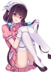 Rule 34 | 1girl, black footwear, blend s, brown hair, dress, gloves, hand in own hair, head tilt, long hair, low twintails, mary janes, panties, pantyshot, parted lips, pink dress, puffy short sleeves, puffy sleeves, purple eyes, sakuranomiya maika, shaded face, shoes, short sleeves, simple background, sitting, smile, solo, thighhighs, twintails, underwear, very long hair, waitress, white background, white gloves, white panties, white thighhighs, yukiyaii