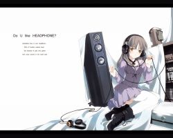 Rule 34 | 1girl, amplifier, artist request, black footwear, black neckwear, blush, boots, breasts, brown eyes, brown hair, english text, engrish text, headphones, long hair, long sleeves, looking at viewer, purple shirt, purple skirt, ranguage, shirt, sitting, skirt, small breasts, thighhighs, white background, white thighhighs