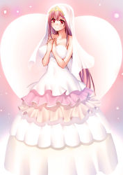 Rule 34 | 1girl, absurdres, breasts, covered navel, dress, exeter (warship girls r), frilled dress, frills, full body, hands on own chest, highres, large breasts, long hair, looking at viewer, onceskylark, purple eyes, purple hair, smile, solo, standing, strapless, strapless dress, tiara, veil, very long hair, warship girls r, wedding dress
