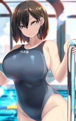 Rule 34 | 1girl, black hair, blue eyes, blue one-piece swimsuit, breasts, commentary request, competition swimsuit, cowboy shot, grey one-piece swimsuit, highres, huge breasts, indoors, large breasts, lens flare, looking at viewer, one-piece swimsuit, original, parted lips, pool, pool ladder, shiki (psychedelic g2), short hair, solo, swimsuit, twitter username, wet, wet clothes, wet swimsuit