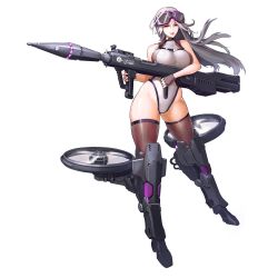 Rule 34 | 1girl, black thighhighs, boots, breasts, fingerless gloves, full body, game cg, gloves, hair between eyes, highres, impet (last origin), large breasts, last origin, leotard, lipstick, long hair, looking at viewer, makeup, official art, pink eyes, rocket launcher, rpg (weapon), silver hair, sima (startwitch), solo, tachi-e, thigh boots, thighhighs, thighs, transparent background, weapon