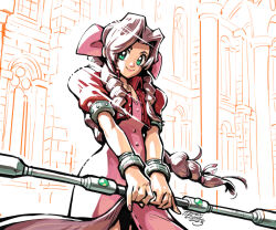 Rule 34 | 1girl, aerith gainsborough, bangle, bracelet, braid, braided ponytail, breasts, brown hair, choker, church, cowboy shot, cropped jacket, curly hair, dress, final fantasy, final fantasy vii, green eyes, hair ribbon, holding, holding staff, indoors, jacket, jewelry, long dress, long hair, looking at viewer, materia, medium breasts, michel dinel, parted bangs, pink dress, pink nails, pink ribbon, puffy short sleeves, puffy sleeves, red jacket, ribbon, ribbon choker, short sleeves, sidelocks, signature, single braid, smile, solo, staff, unbuttoned dress, v arms