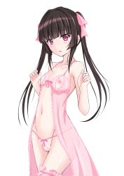 Rule 34 | 1girl, black hair, blunt bangs, blush, bow, bow panties, breasts, bridal garter, cameltoe, collarbone, eyelashes, frilled nightgown, hair ribbon, hands up, highres, kirakiriya, lingerie, long hair, looking at viewer, navel, nightgown, nipple cutout, nippleless clothes, nipples, open clothes, open mouth, panties, pink eyes, pink nightgown, pink panties, pink ribbon, ribbon, senki zesshou symphogear, simple background, small breasts, solo, stomach, string panties, thighs, tsukuyomi shirabe, twintails, underwear, white background