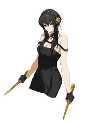 Rule 34 | 1girl, arlizi, bare shoulders, black dress, black gloves, breasts, choker, cleavage, cropped torso, dagger, dress, dual wielding, fingerless gloves, flower, gloves, hair flower, hair ornament, hairband, half-closed eyes, highres, holding, holding weapon, knife, sidelocks, simple background, solo, spy x family, weapon, white background, yor briar