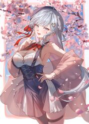 Rule 34 | 1girl, absurdres, ahoge, armpits, bare shoulders, black hat, blue skirt, bow, bowtie, breasts, cherry blossoms, cleavage, cowboy shot, facial mark, finger to cheek, grey eyes, grey hair, hair ornament, hairclip, hand on own hip, hand up, hat, heart, highres, index finger raised, indie virtual youtuber, jacket, long hair, looking at viewer, medium breasts, off shoulder, open clothes, open jacket, open mouth, pleated skirt, see-through, see-through cleavage, see-through sleeves, shirt, single leg pantyhose, skindentation, skirt, sleeveless, sleeveless shirt, smile, solo, standing, suspender skirt, suspenders, thigh strap, una kamra, very long hair, virtual youtuber, white shirt